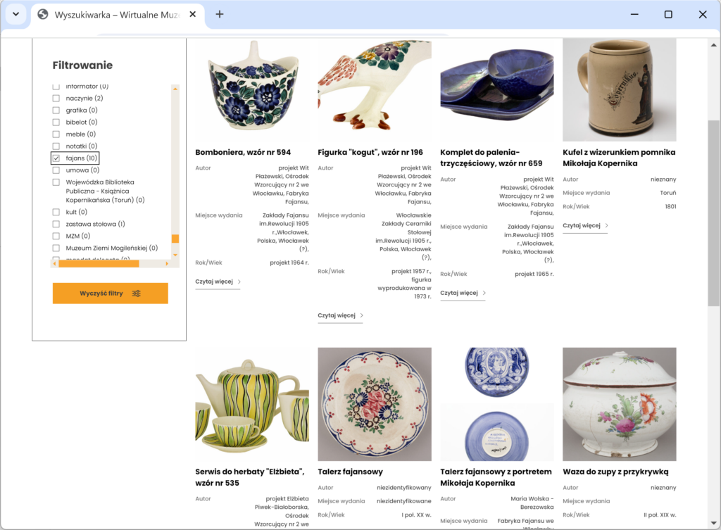 Grafika przedstawiająca stronę wyszukiwania obiektów na portalu Wirtualne Muzeum Kujaw i Pomorza